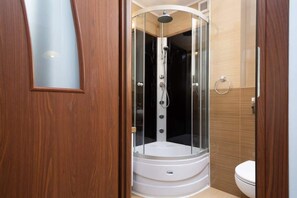 Douche, sèche-cheveux, serviettes fournies, shampoing