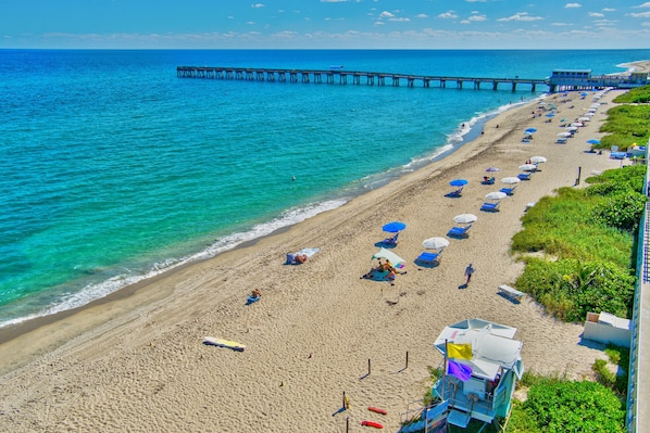 Guests can enjoy a beachside stay with access to the ocean and a nearby pier.