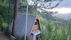 Una cabaña pequeña y rústica con techo metálico inclinado, rodeada de un bosque denso y con vistas a un paisaje montañoso.
