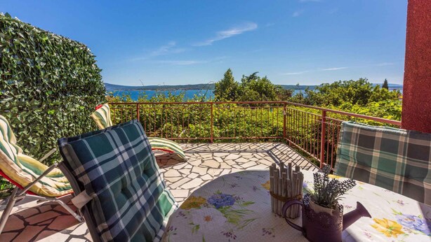 A balcony with a view of the sea, a table with a floral tablecloth, and two plaid chairs.