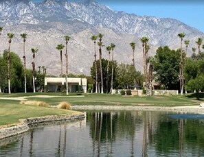 A golf course with a pond, palm trees, and a mountain in the background.