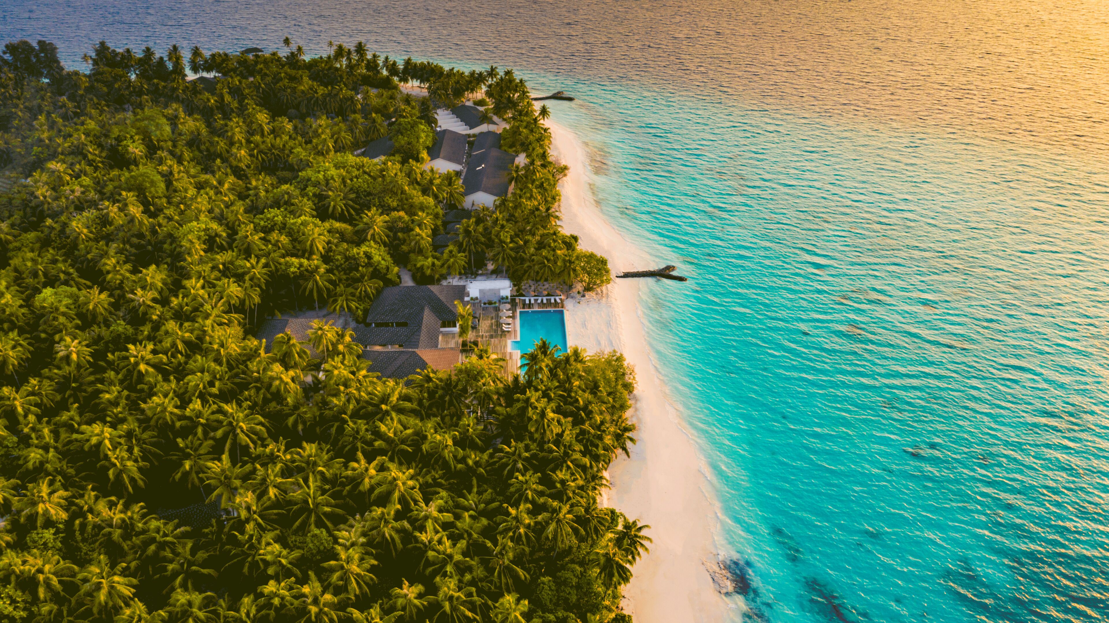 An aerial view of a tropical island with a beach, a pool, and a resort area surrounded by palm trees.