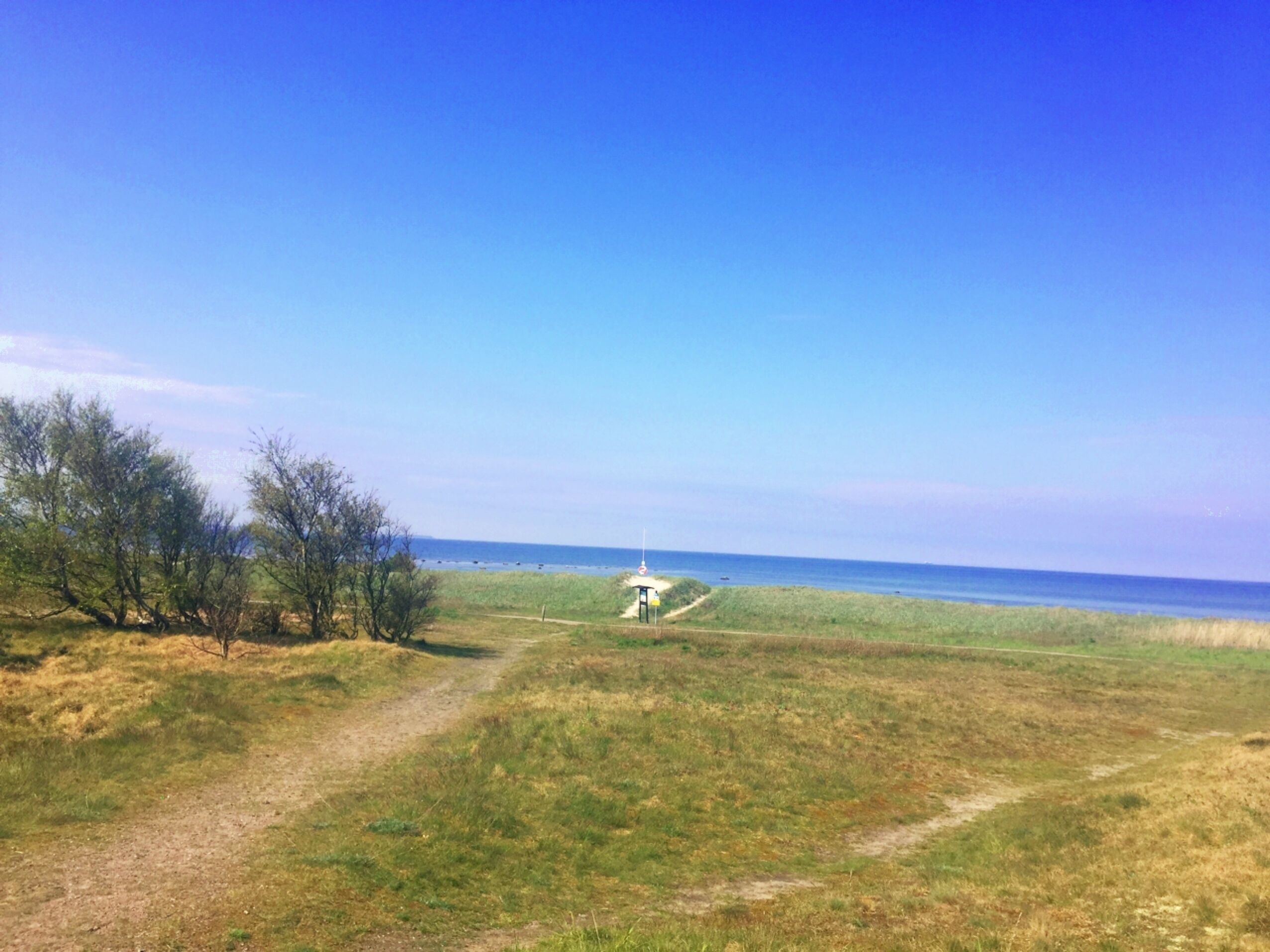 A grassy field with a path leading to a structure near the water.