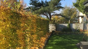 A well-maintained garden with a stone border, a lawn, and a variety of trees and shrubs. - Villa Lindell (Hoganas)