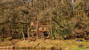 A wooden cabin surrounded by trees, with a small dock and a chair under an umbrella by the water.