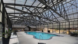 Una piscina interior con techo de cristal, rodeada de asientos y plantas en macetas.