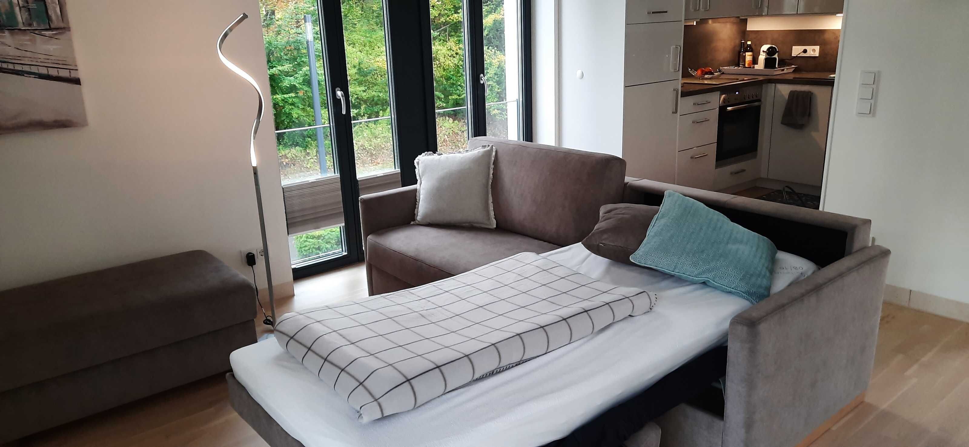 Ein modernes Schlafzimmer mit einem Bett, einem Sofa und Blick auf eine Küche sowie Grünflächen im Freien.