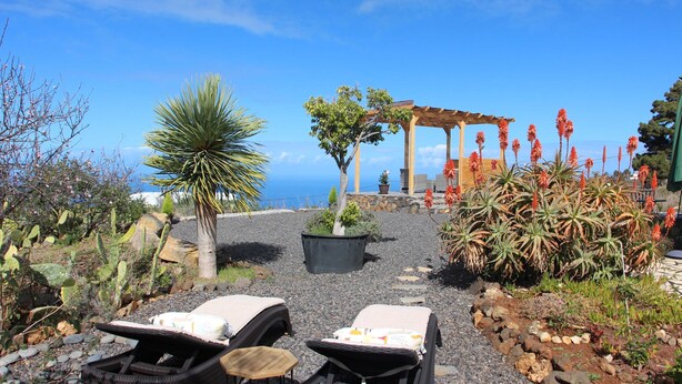 A garden with two wicker lounge chairs, a pergola with red flowers, and a view of the ocean.