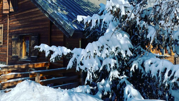Una cabaña de madera con techo inclinado, rodeada de árboles cubiertos de nieve.