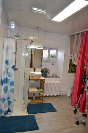 Hair dryer, towels, shampoo, toilet paper