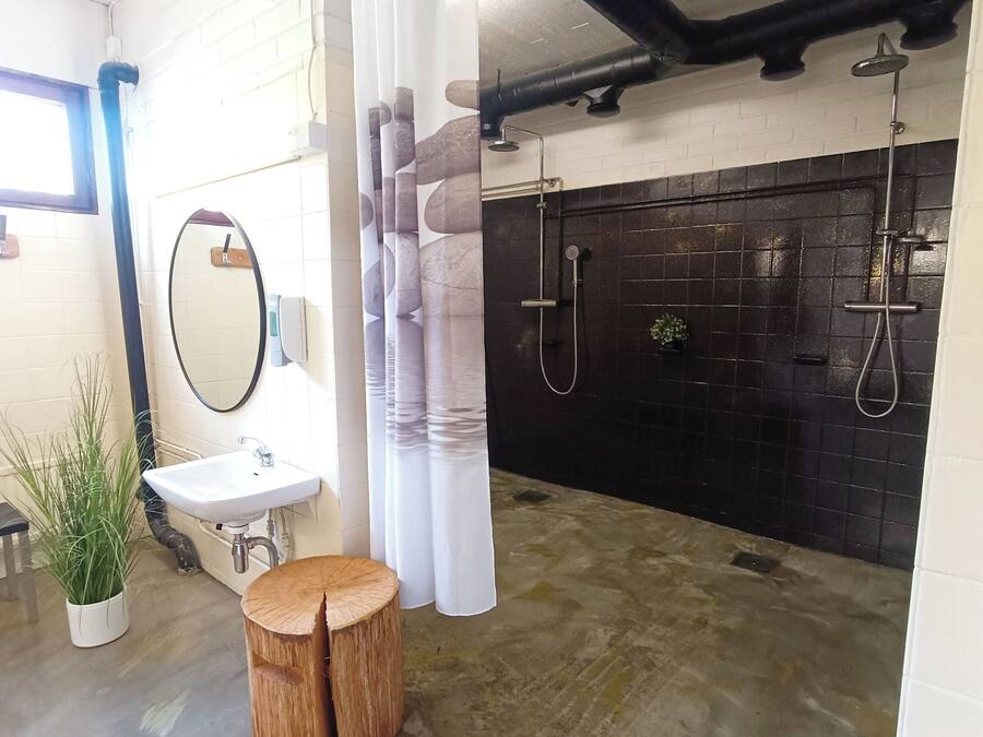 A bathroom with a sink, mirror, potted plant, wooden stool, and a black tiled shower area.