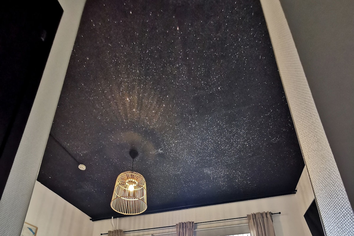 Individually decorated, desk, laptop workspace, blackout drapes