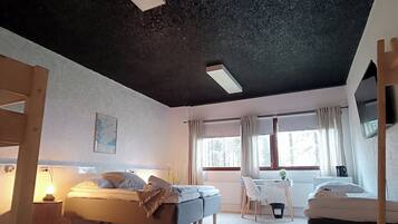 Individually decorated, desk, laptop workspace, blackout curtains
