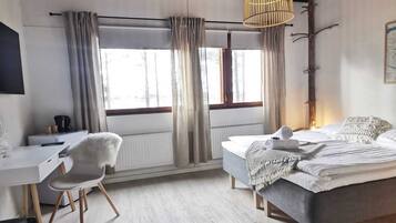 Individually decorated, desk, laptop workspace, blackout curtains