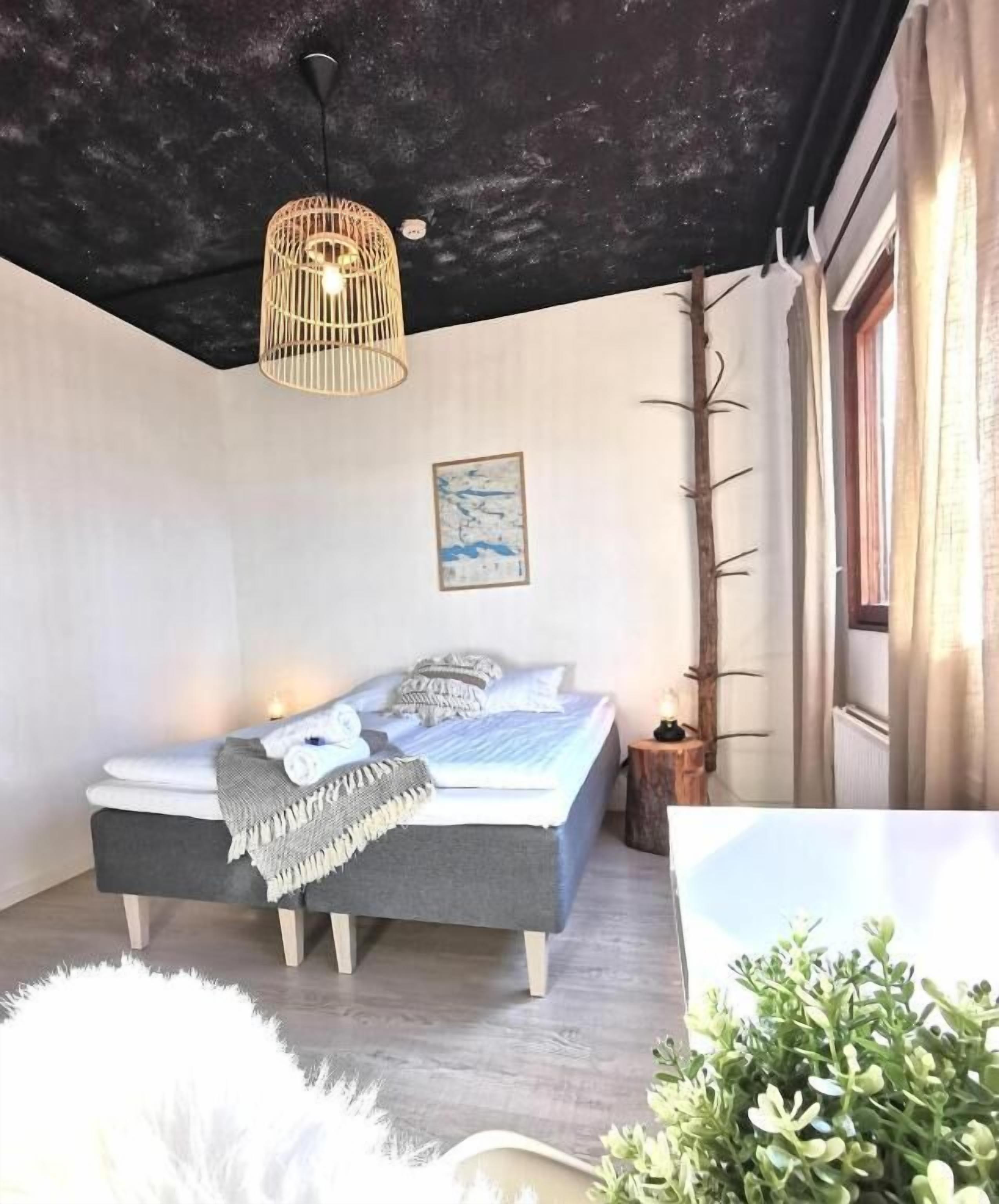 A bedroom with a bed, a hanging light fixture, a window with curtains, and a plant.