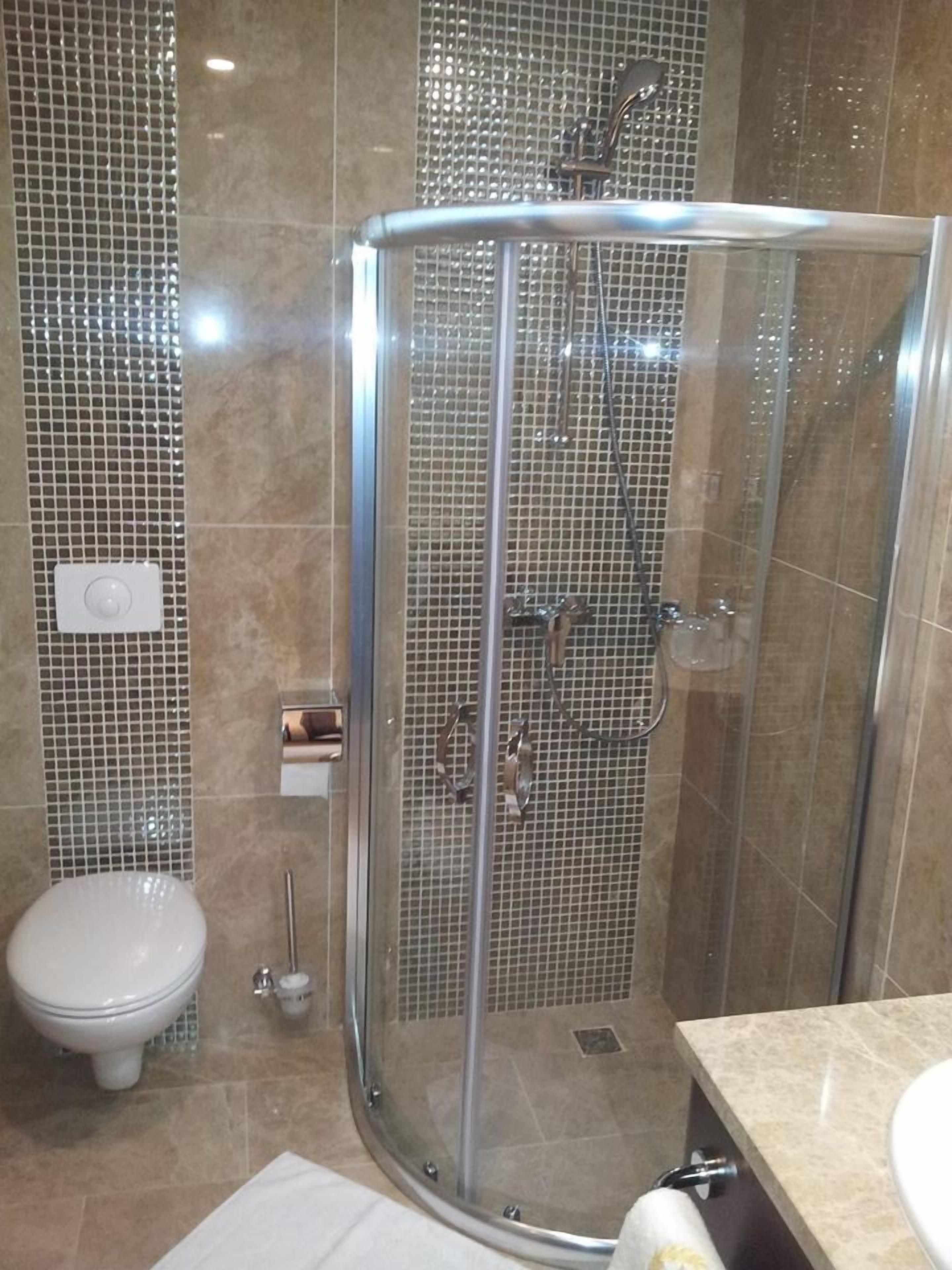 A modern bathroom with a glass-enclosed shower, a toilet, and a sink.