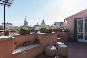 Une terrasse sur le toit agrémentée de plantes en pot, d’une pergola et offrant une vue sur des bâtiments historiques.