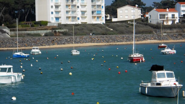 A marina with several boats docked. There are buildings with multiple balconies in the background. - WATERFRONT APARTMENT (Jard-sur-Mer)
