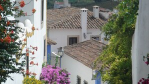 A narrow cobblestone street flanked by buildings with white and blue walls, some with flower boxes. - 3 Bedroom villa with swimming pool in quiet village with countryside views (Alcobaca)