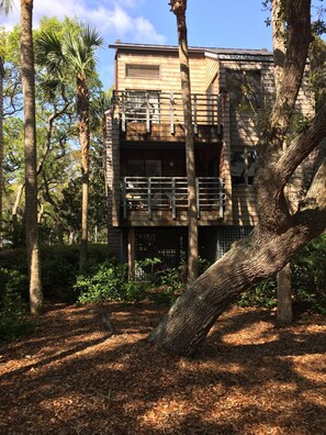 A two-story building with a wooden exterior, surrounded by trees and a leaf-covered ground.