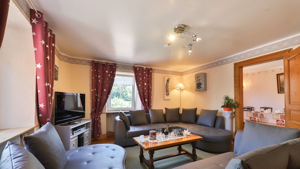 A living room with a sofa set, a television, a table with decorative items, and a lamp. - Maison Balboa gîtes for 2 to 12 people (Sondernach)