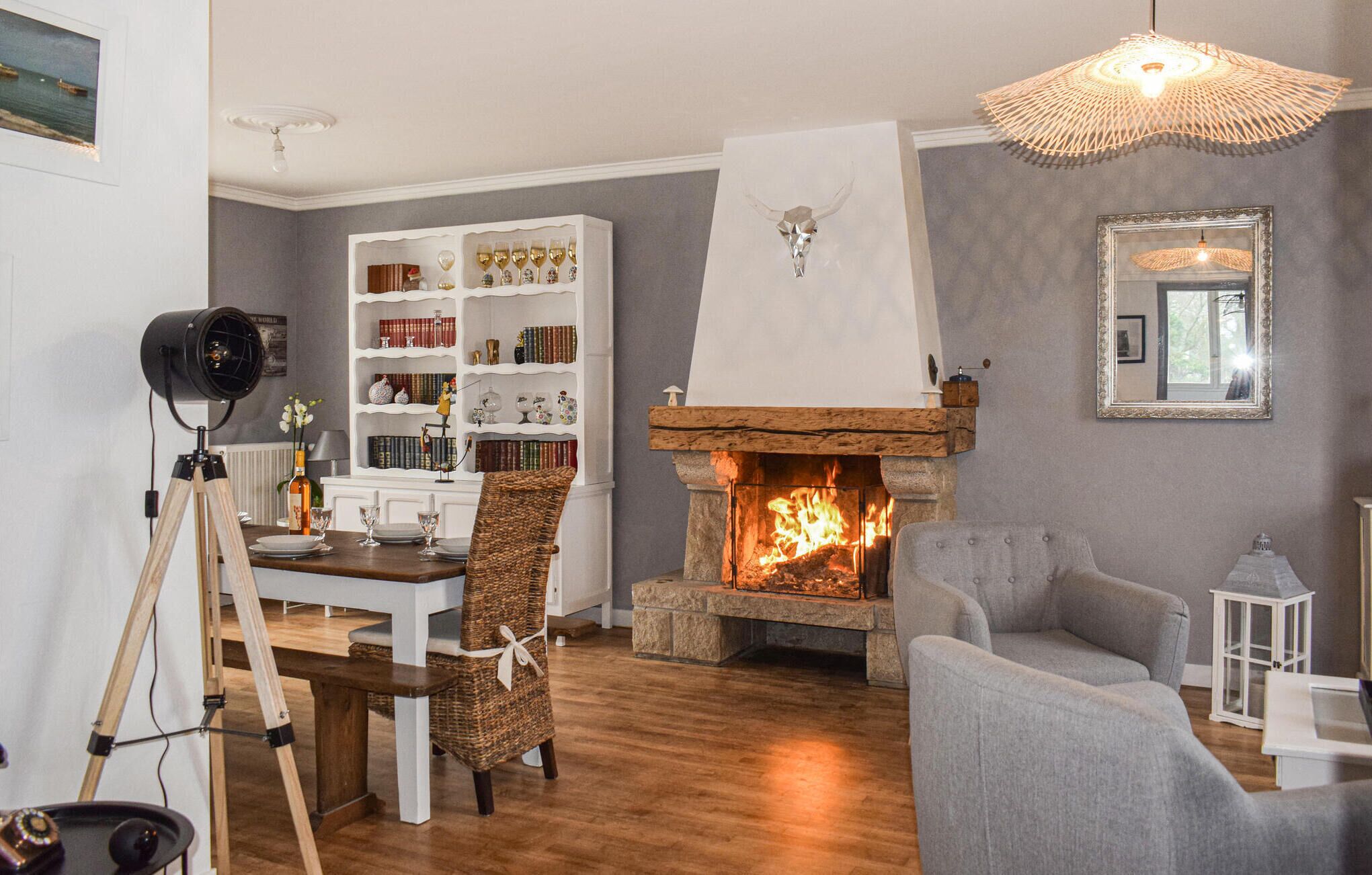 Ein gemütliches Wohnzimmer mit Kamin, Bücherregal und Teleskop.