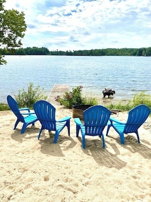 On the beach, sun loungers, beach towels