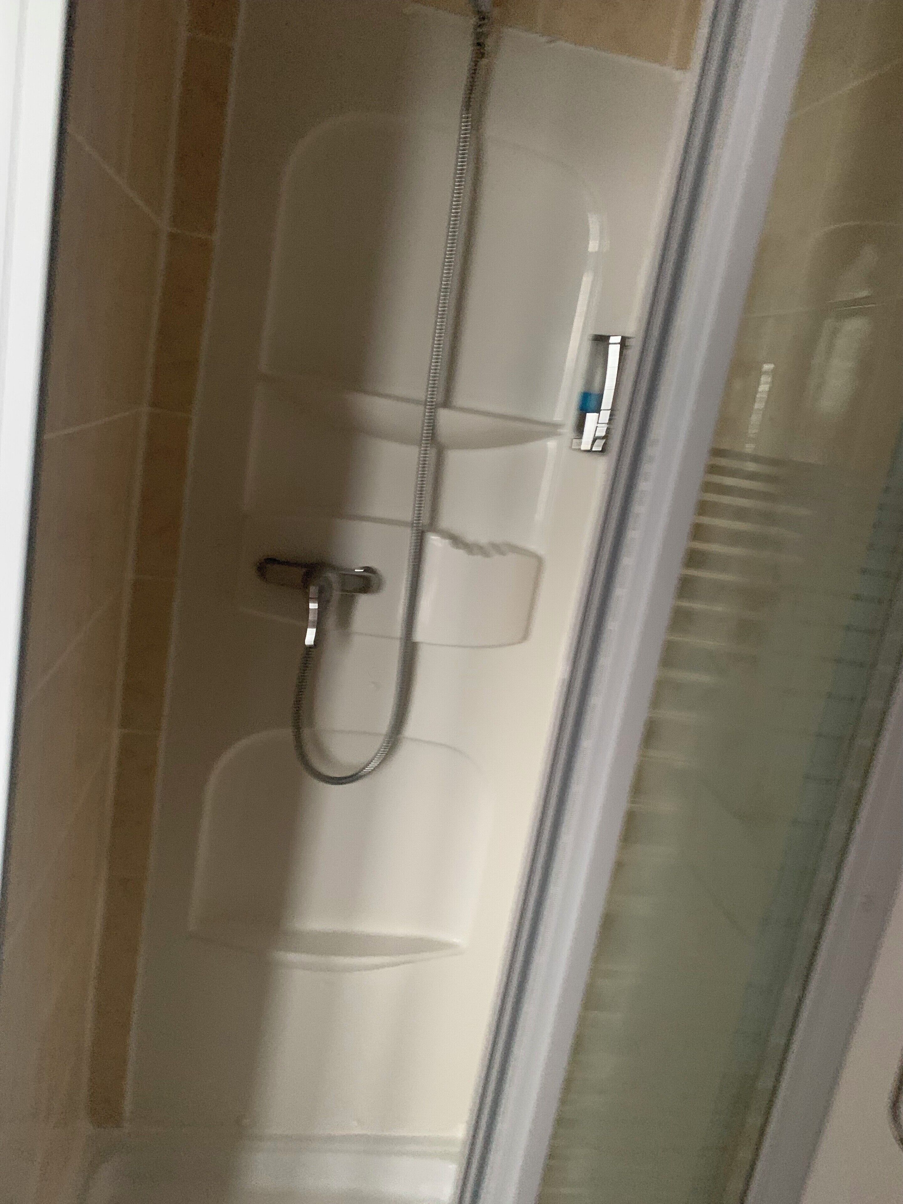 A shower area with a glass door, a handheld showerhead, and a wall-mounted control panel.