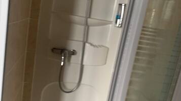 A shower area with a glass door, a handheld showerhead, and a wall-mounted control panel.