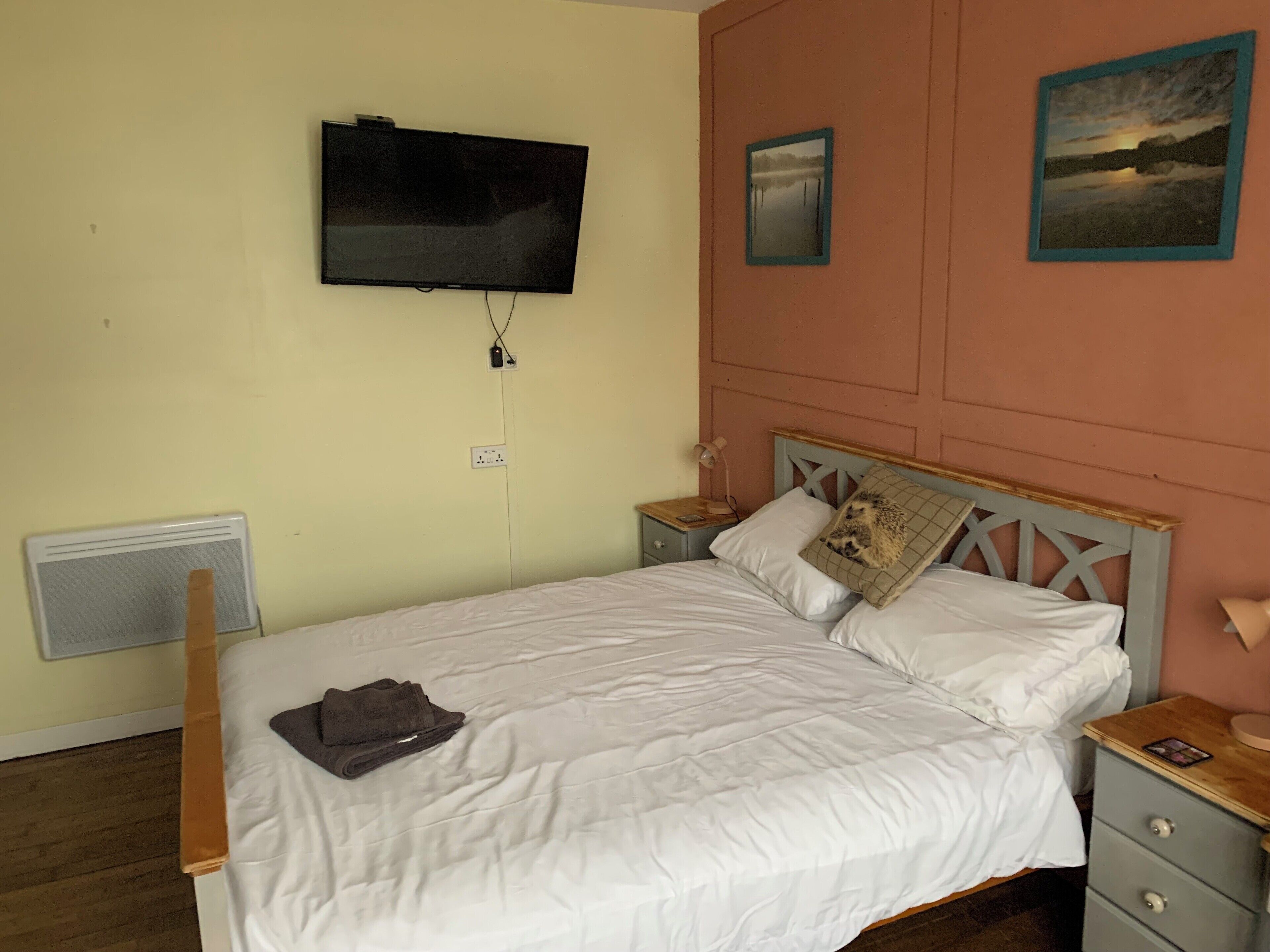 Een slaapkamer met een bed, een nachtkastje, een aan de muur bevestigde televisie en een verwarming op de vloer.