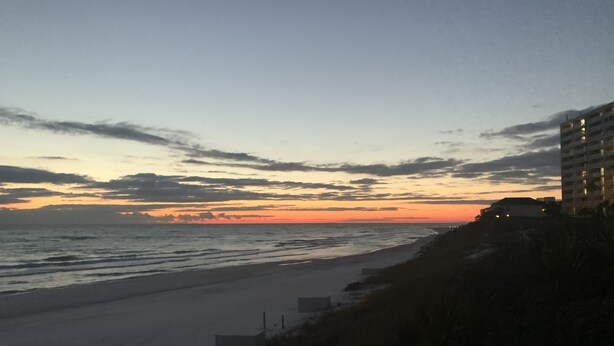 A beach with a sunset, a building on the right, and a clear sky. - *30A Seagrove Highlands Ground Floor Unit- 2 bikes included (Santa Rosa Beach)