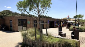 Un edificio de madera con un letrero que indica una escuela y una tienda de surf.
