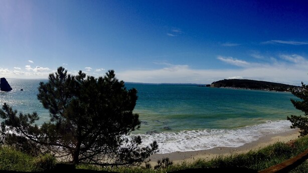 A coastal landscape with a beach, clear sky, and rocky cliffs.