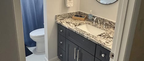 Hair dryer, towels, soap, toilet paper