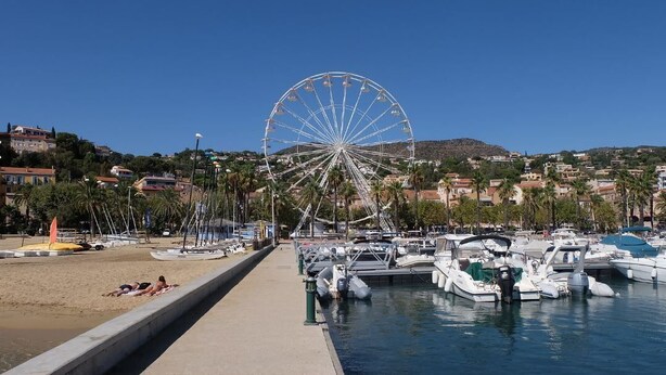 A marina with boats docked, a Ferris wheel, and buildings in the background.