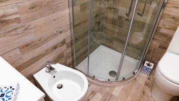 Shower, hair dryer, bidet, towels