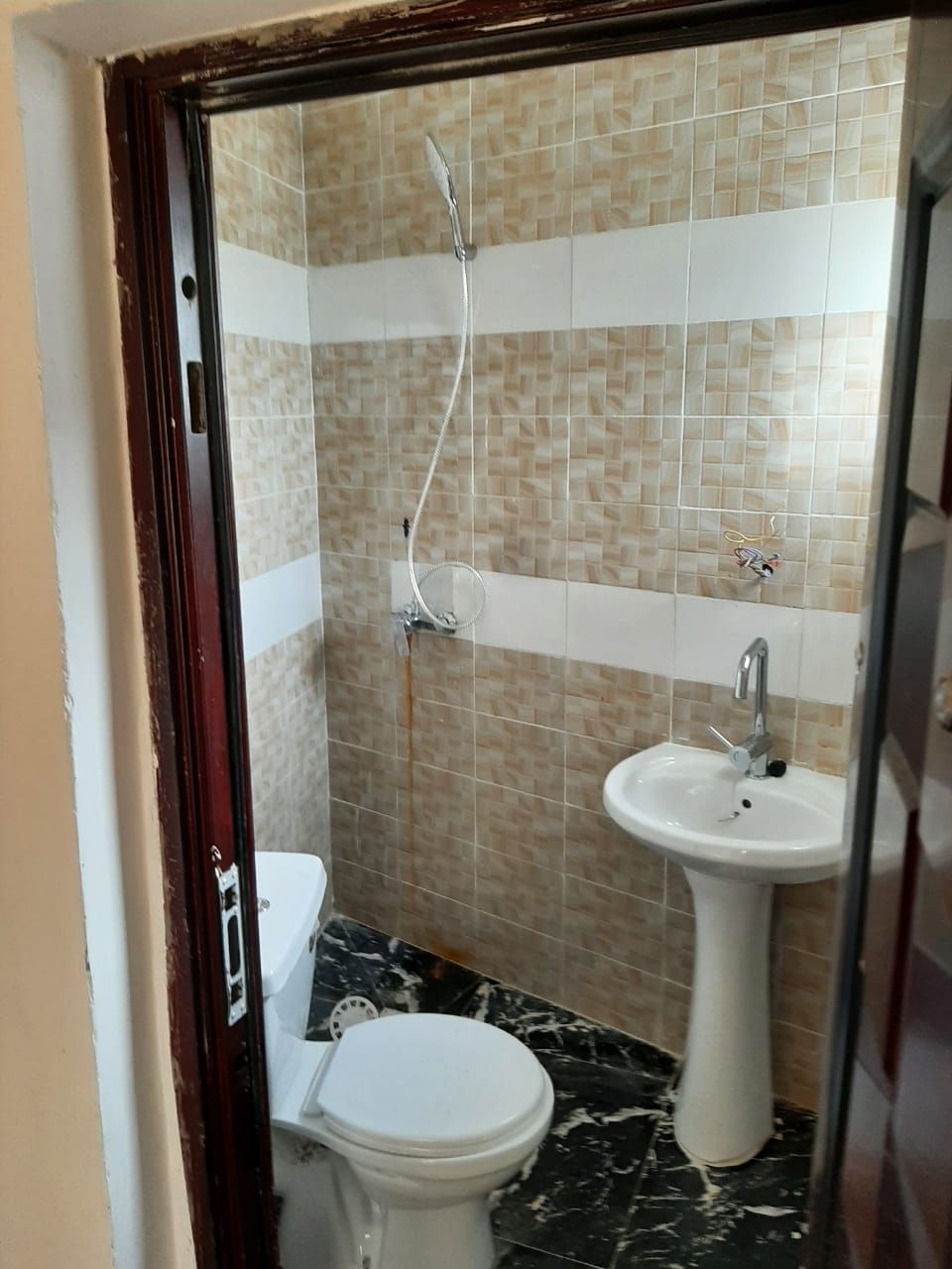Een badkamer met toilet, wastafel en douche.