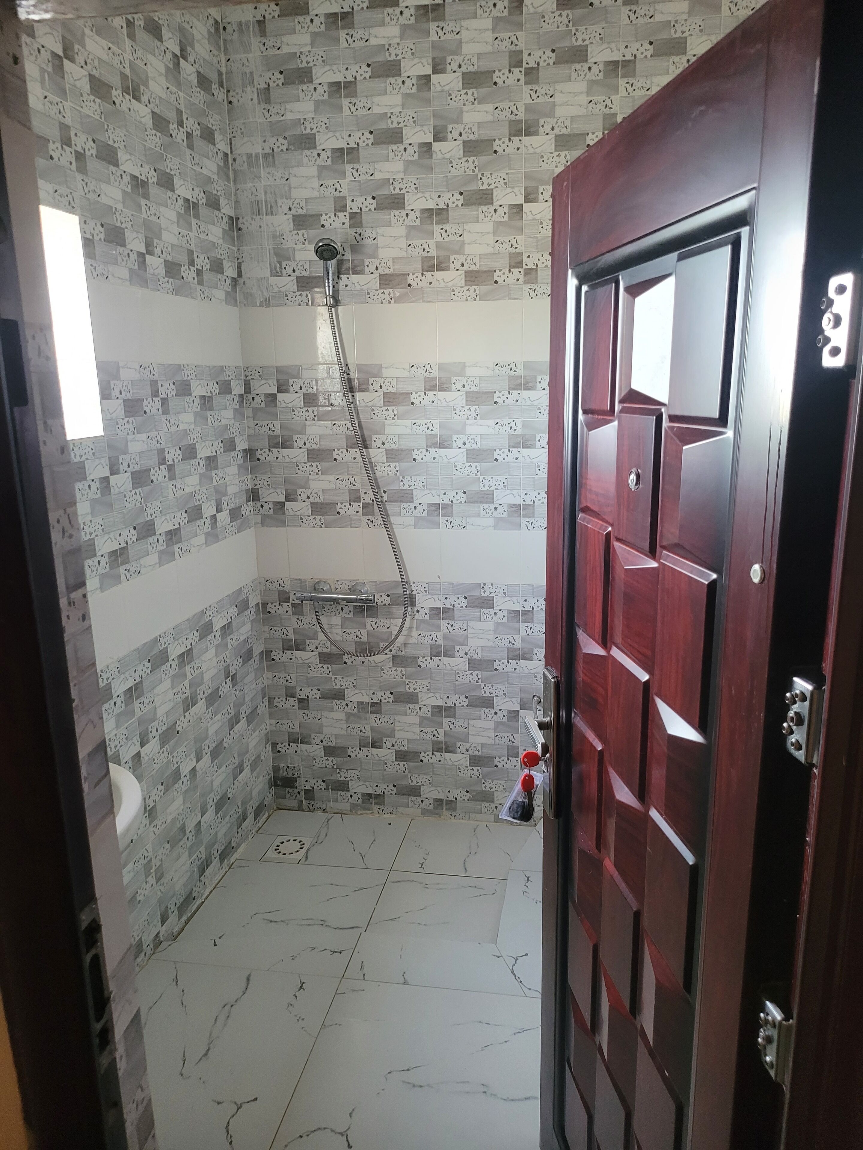 Un baño con baldosas estampadas, ducha, inodoro y puerta de madera.