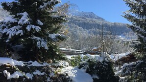 Un paisaje nevado con una montaña al fondo, un muro de piedra y árboles cubiertos de nieve.