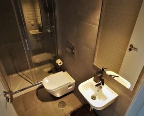 Shower, hair dryer, towels, shampoo