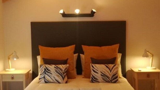 Un dormitorio con techo de madera, una cama grande con muchas almohadas, dos mesitas de noche y una lámpara fijada a la pared.