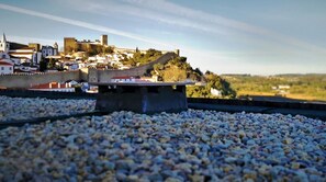 A view of a historic town with a prominent castle on a hill, surrounded by buildings and a pebbled area in the foreground. - Villa overlooking the countryside and castle (Óbidos)