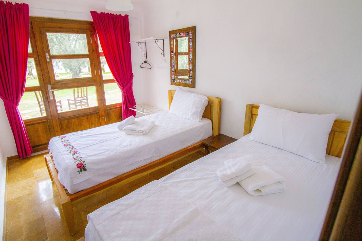 A room with two single beds, wooden headboards, white linens, a wooden floor, a window with a view of greenery, and a mirror on the wall.