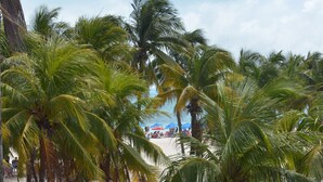A busy street with palm trees, a market stall, and a white car.