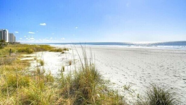 A beach with sand and grass, a clear sky, and buildings in the distance. - Perfect Vacation Getaway! Beach Condo in Quiet Setting, CLOSE TO THE BEACH! (Myrtle Beach)