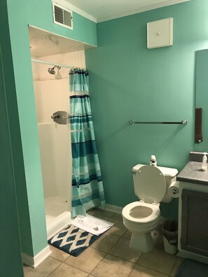 Une salle de bain avec douche, toilettes et lavabo.
