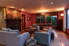 TV connectée, cheminée, livres, chaîne hi-fi