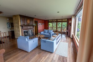 Smart TV, chimenea, libros y estéreo 