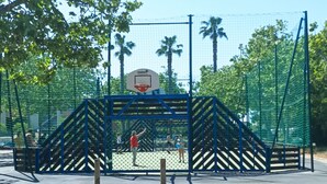 A basketball court with a netted enclosure, surrounded by palm trees and a clear sky.
