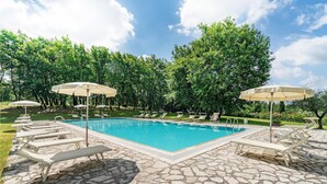 A rectangular swimming pool with a stone tiled deck, surrounded by lounge chairs and umbrellas. - Cozy home in Tavarnelle Val di Pesa with WiFi (Tavarnelle Val di Pesa)